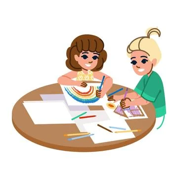 Kids drawing with crayons at a round table, developing creativity and imagi.. Stock Illustration