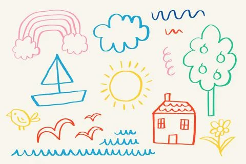 Kids Drawing Everyday Objects Drawing Set Stock Illustration