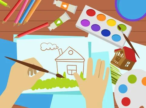 Kids Drawing Lesson Work Process, Top View, Art Studio Banner, Workshop for Kids 스톡 일러스트