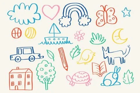 Kids Drawing Popular Objects Drawing Set Stock Illustration