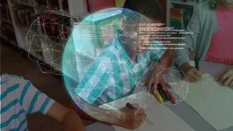 Kids drawing at table, camera panning revealing data globe overlaying papers and Stock Footage 330195630