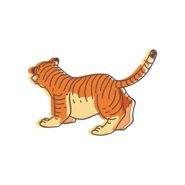 Kids drawing of tiger, back view. Wild animal with orange striped coat. Wildlife Stock Illustration