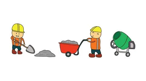 Kids drawing vector Illustration of construction workers preparing concrete.. Stock Illustration
