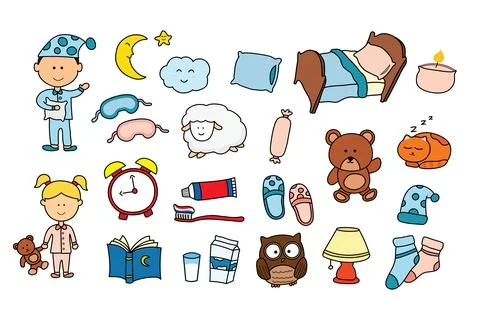 Kids drawing Vector illustration set of sleep time,bed time icon in doodle Stock Illustration