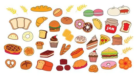Kids drawing vector Illustration set of bakery bread Stock Illustration