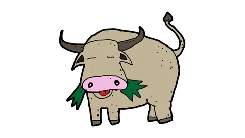 Kids drawing white screen with theme of bull eat grass Video stock 113267076