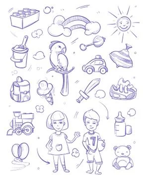 Kids dreams vector background with boy, girl, pets, toys and  other objec Stock Illustration