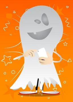 Kids dressed for Halloween using a mobile phone. Vector cartoon character ill Stock Illustration