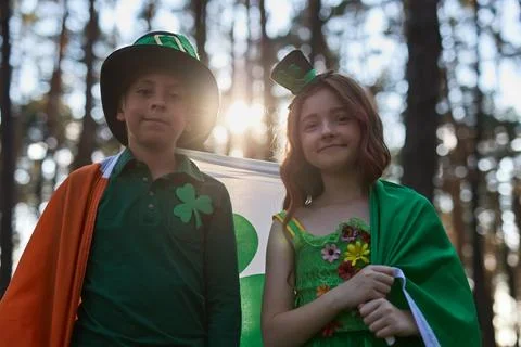 Kids dressed as a leprechaun and a pixie for a St Patricks Day Stock Photos