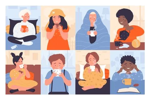 Kids drinking hot drinks set, children hold mugs with hot tea, chocolate or Stock Illustration