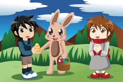 Kids with Easter bunny Stock Illustration