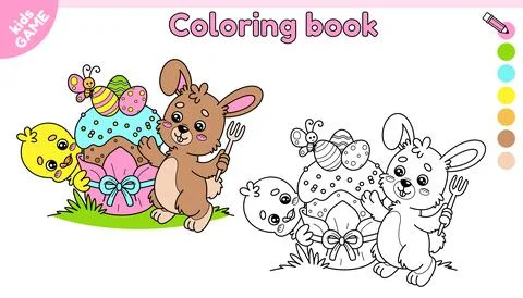 Kids Easter coloring book with chick and rabbit Stock Illustration