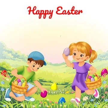 Kids easter egg hunt on meadow vector illustration Stock Illustration