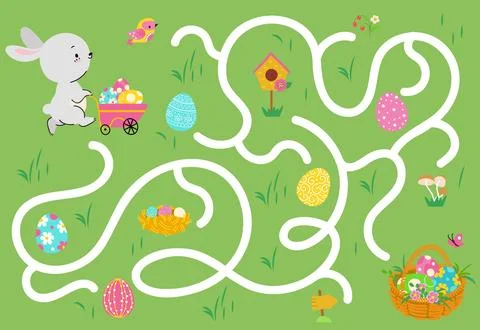 Kids easter maze game. Eggs hunter with cute cartoon bunny. Find right way Ilustração Stock