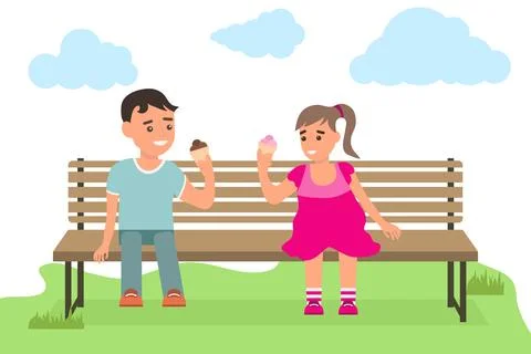 Kids Eating Ice Cream in a Park. A boy and a girl are sitting on a bench Ilustração Stock