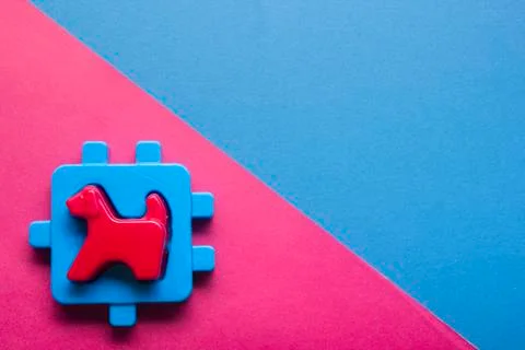 Kids educational developing toys frame on colorful background. Top view. Flat Foto stock