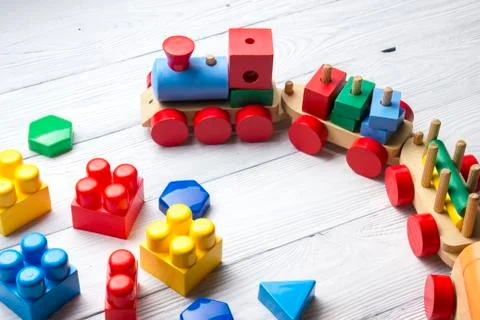 Kids educational developing toys frame on white background. Top view. Flat lay 写真素材