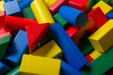 Kids educational developing toys frame on white background. Top view. Flat lay Foto stock
