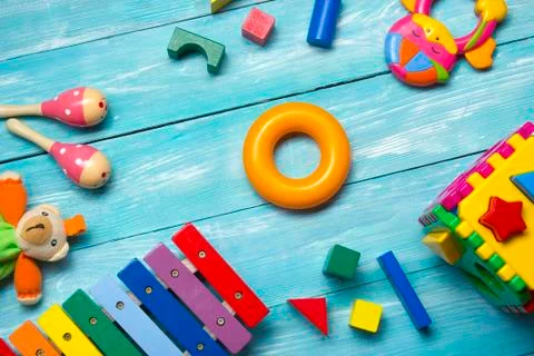 Kids educational developing toys frame on white background. Top view. Flat lay Stockfoto's