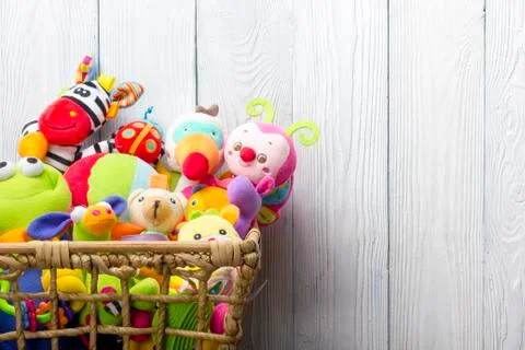 Kids educational developing toys frame on white background. Top view. Flat lay Stock Photos