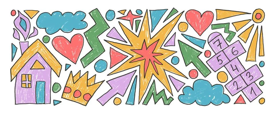 Kids elements crayon drawn set. Hand drawn house, hopscotch game, sun and clouds 스톡 일러스트