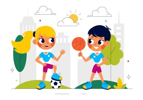 Kids Exercise Vector Illustration Featuring Various Types of Healthy Exerci.. Illustrazione stock