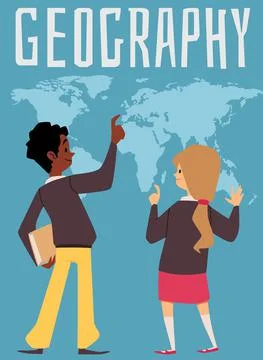 Kids exploring world map during geography class, poster template - flat vector Stock Illustration
