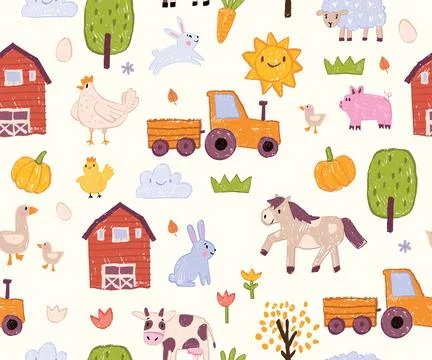 Kids farm seamless pattern, vector hand drawn color pencil animal wallpaper Stock Illustration