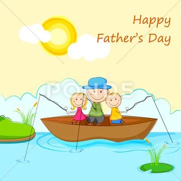 Kids with Father in Boat doing Fishing Stock Illustration