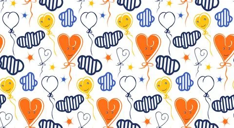 Kids festive seamless pattern. Hand drawn bright illustration, clouds, balloons Stock Illustration