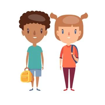 Kids flat illustrations set. Smiling little children in casual clothing Cheerful Stock Illustration