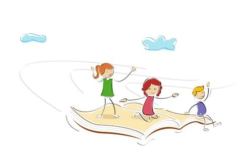 Kids flying on book Stock Illustration