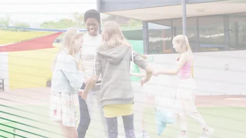 Kids forming ring on deck, two girls walking, woman guiding, green overlaying Stock Footage 333704896