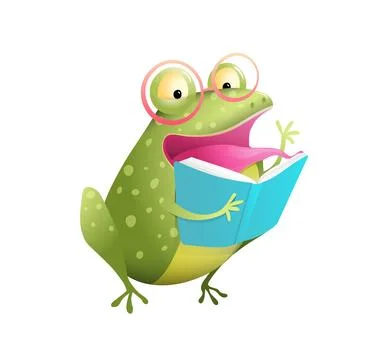 Kids Frog or Toad Character Studying Reading Book Stock Illustration