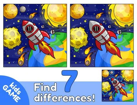 Kids game Find 7 differences with space rocket Stock Illustration