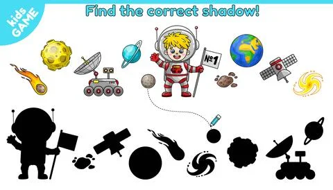 Kids game Find the correct shadow with spaceman Stock Illustration