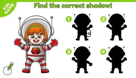 Kids game Find the correct shadow astronaut girl Stock Illustration