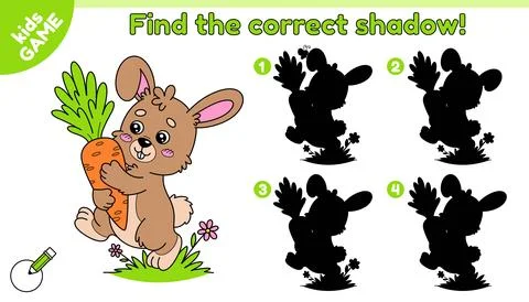 Kids game Find the correct shadow of cartoon hare Stock Illustration