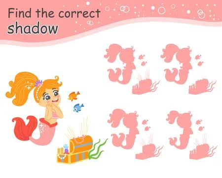 Kids game find the correct shadow mermaid vector Illustrazione stock