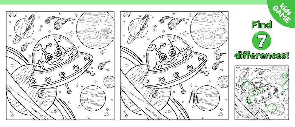 Kids game Find differences and color cute alien Stock Illustration