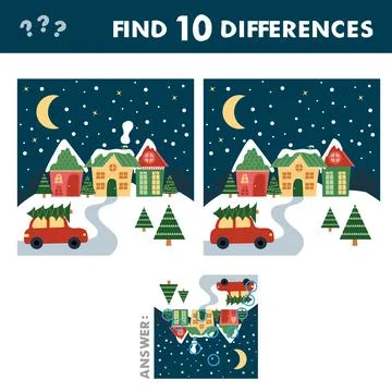Kids game find ten differences. Vector cartoon Christmas houses and car Illustrazione stock