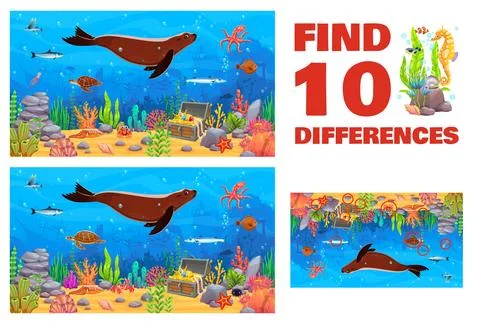 Kids game find ten differences underwater sealife Stockillustratie