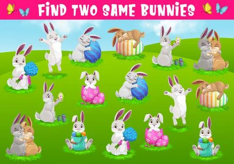 Kids game find two same bunnies vector puzzle Illustrazione stock