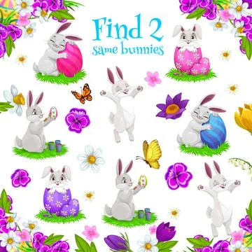 Kids game find two same bunnies educational riddle Illustrazione stock