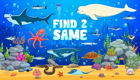 Kids game find two same sea underwater animals 스톡 일러스트