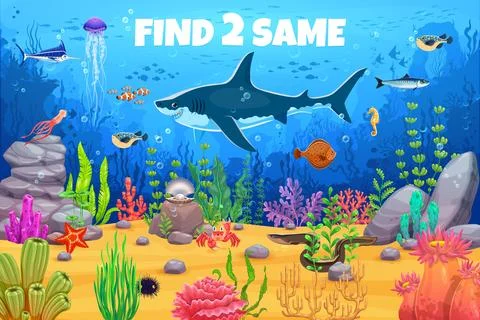 Kids game find two same fish underwater sea life Stockillustratie