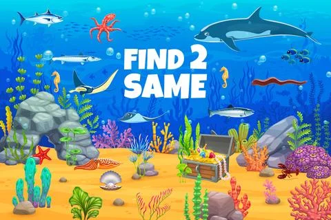 Kids game find two same sea animals on underwater Stock Illustration