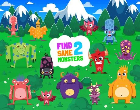 Kids game find two same funny monster characters Illustrazione stock