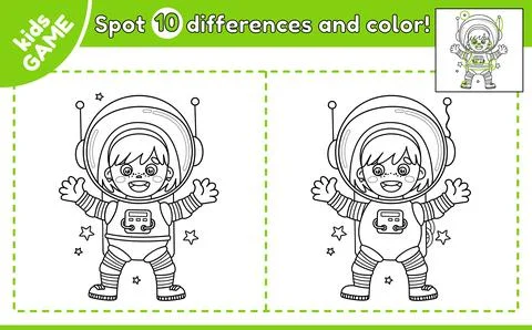 Kids game Spot 10 differences with astronaut girl Stock Illustration