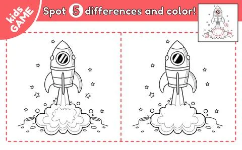 Kids game Spot 5 differences space rocket launch Stock Illustration